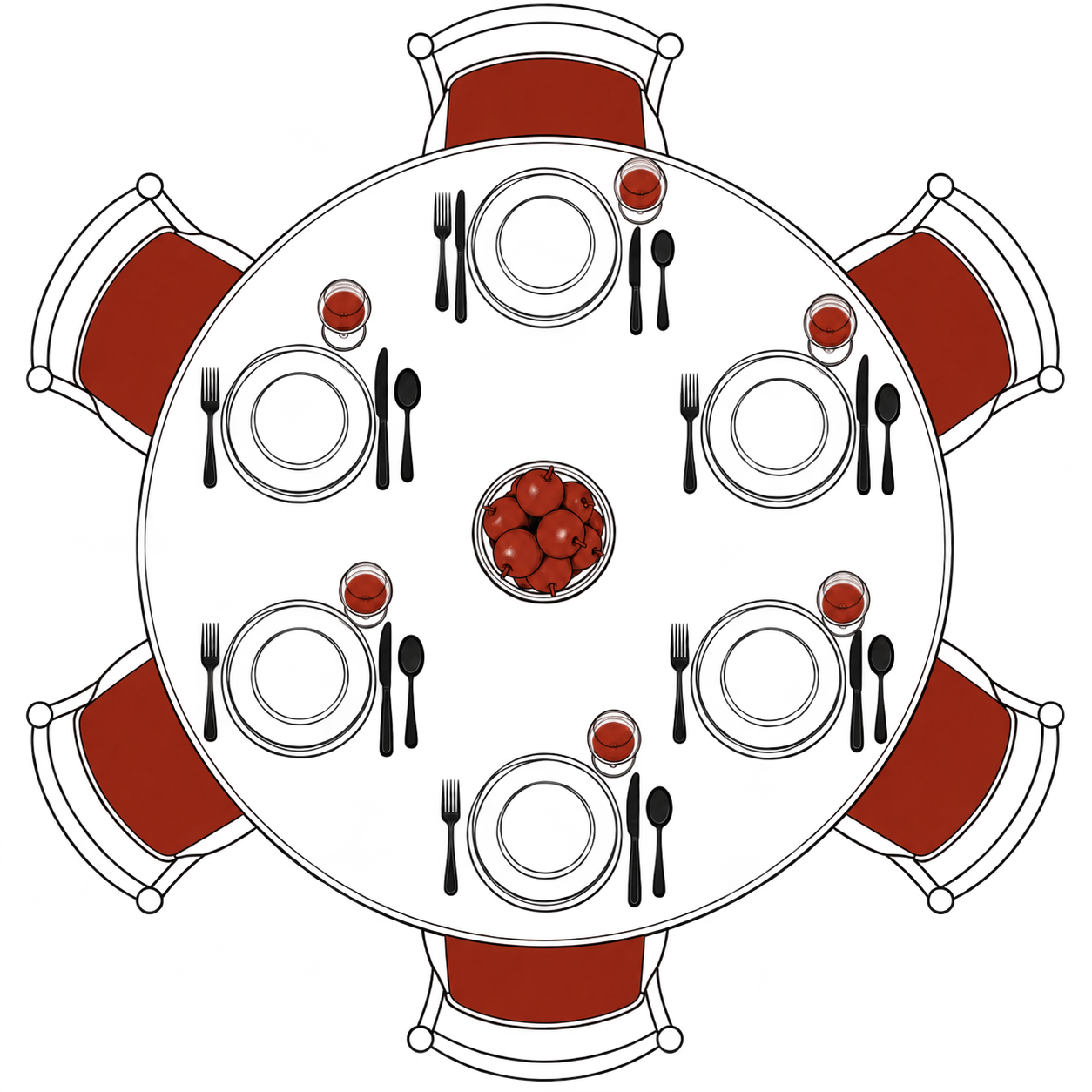 An illustrated round dinner table set for six, with terracotta accents